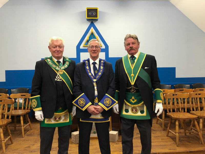 Dennis Warren, PGM of Galloway with RWM Chris Stirland and Donald Bannatyne, Depute PGM of Argyll & the Isles